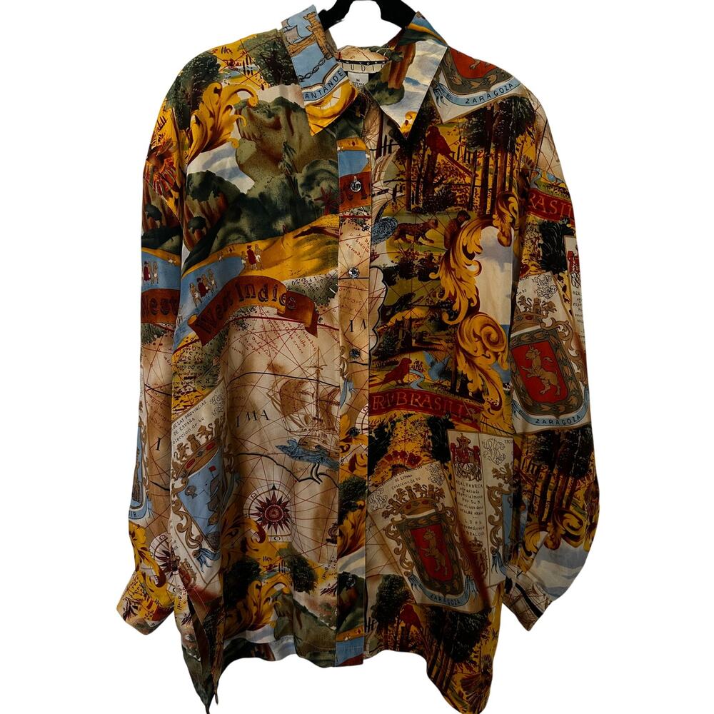 New York Studio 100% Silk Map Print Button Shirt M
